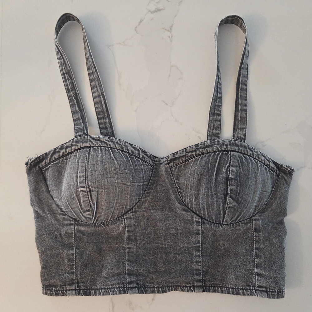 Acid Wash Black Denim Smock Back Bustier Crop Top